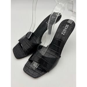 Schutz Posseni Slides Sandals Black Embossed Leather Size 9 B Heels